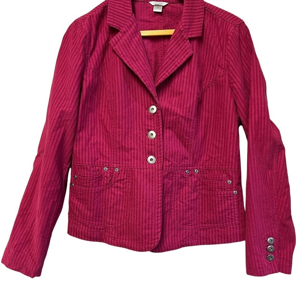 Christopher & Banks Blazer Womens‎ Med Pink Textured Stripe Cotton Jacket Rivet